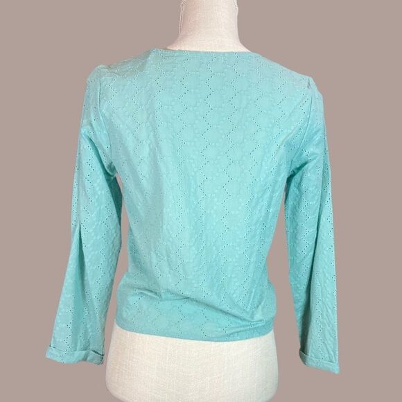 NWT Front Tie Eyelet Button Down Teal Top - Picture 2 of 13